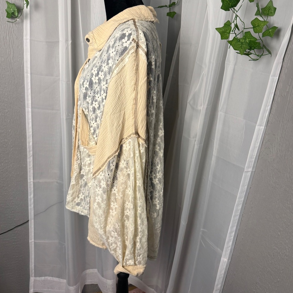 POL Womens Tan Lace Mixed Media Button Down Shirt Oversized Raw Hem M - Picture 3 of 10
